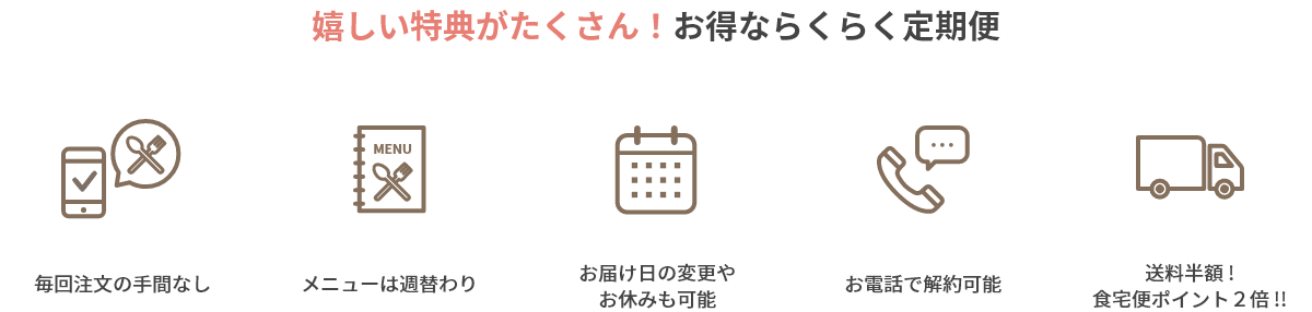 嬉しい特典がたくさん！お得ならくらく定期便　・毎回注文の手間なし　・メニューは週替わり　・お届け日の変更やお休みも可能　・お電話で解約可能　・送料半額！食卓便ポイント2倍！！