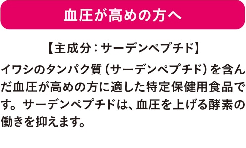 血圧が高めの方へ イワシのタンパク質（サーデンペプチド）を含んだ血圧が高めの方に適した特定保健用食品です。サーデンペプチドは、血圧を上げる酵素の働きを抑えます。