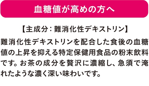 血糖値が高めの方へ 難消化性デキストリンを配合した食後の血糖値の上昇を抑える特定保健用食品の粉末飲料です。お茶の成分を贅沢に濃縮し、急須で淹れたような濃く深い味わいです。 