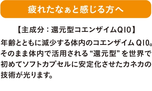 疲れたなぁと感じる方へ 年齢とともに減少する体内のコエンザイムQ10。そのまま体内で活用される“還元型”を世界で初めてソフトカプセルに安定化させたカネカの技術が光ります。