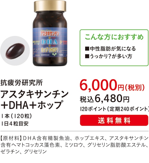 こんな方におすすめ ■中性脂肪が気になる■うっかり？が多い方【主成分：アスタキサンチン】抗疲労研究所 アスタキサンチン＋DHA＋ホップ １本（１２０粒）１日４粒目安 ６,０００円（税別）税込６,４８０円 120ポイント（定期240ポイント）送料無料 【原材料】ＤＨＡ含有精製魚油、ホップエキス、アスタキサンチン含有ヘマトコッカス藻色素、ミツロウ、グリセリン脂肪酸エステル、ゼラチン、グリセリン
